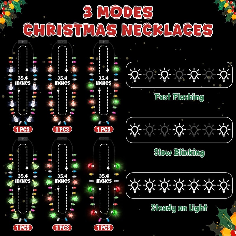 Traplace Store 6PCS Light Up Christmas Necklaces, 3 Glow Modes Multicolor Christmas Accessories, Xmas Tree Santa Claus Bulb Designs Lights, Festive Holiday Decor for Ugly Sweater Party Favors Xmas Party Supplies - Image 2